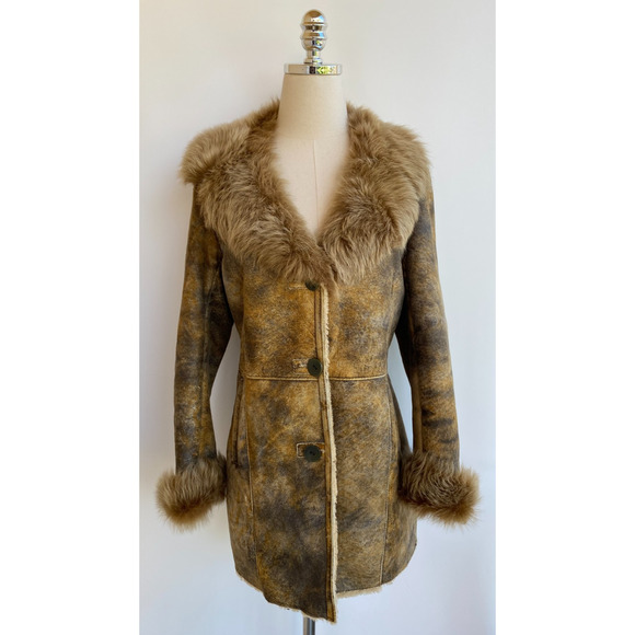 BLUE DUCK Genuine Sheepskin Shearling Jacket Coat Brown Brindle Fur Women's XS - Picture 1 of 12